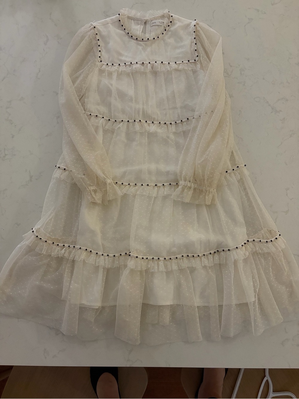 Zara Cream Lace Ruffle Top with Black Bead Trim